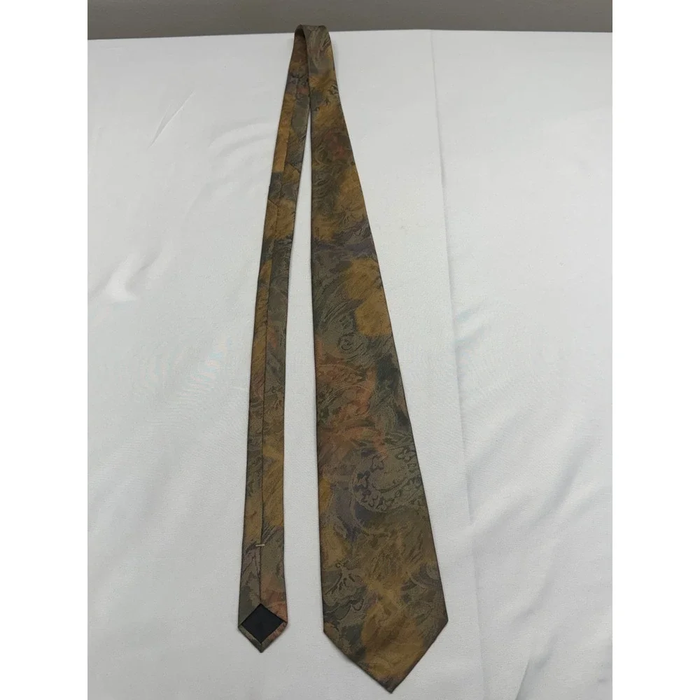Oscar de la Renta Studio Silk‎ Tie Abstract Paisley Floral Gold Olive Brown USA